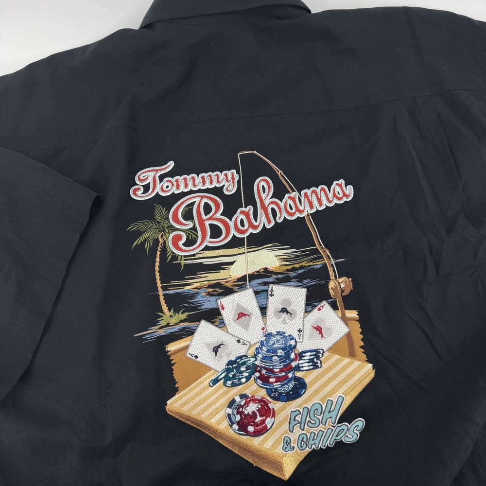 Tommy Bahama Mens XXL Silk Fish & Chips Poker Embroidered Camp Shirt Black